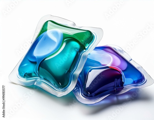  Capsules with detergent for washing machine isolated on white background. Laundry pods, liquid