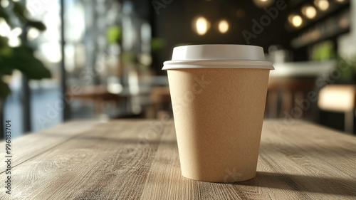 Close-up of a blank brown paper coffee cup with a plastic lid on a wooden table in a cafe