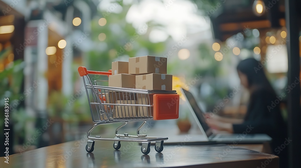 A miniature shopping cart with boxes on the table A miniature shopping cart with boxes on the table