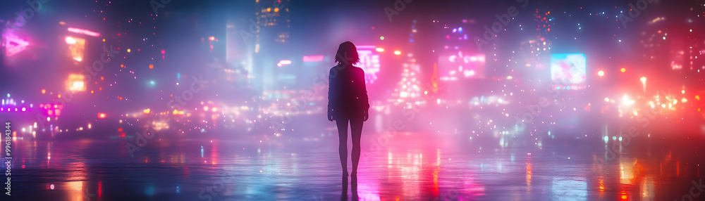 Silhouette of a Woman Standing in Front of a Neon Cityscape with a Wet Ground Reflecting the Lights Silhouette of a Woman Standing in Front of a Neon Cityscape with a Wet Ground Reflecting the Lights