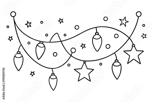 
line art Christmas Lights with stars, outline Holiday bulbs landscape string garland, New Year Festive used for card decoration design element, Xmas Lights Coloring Page 