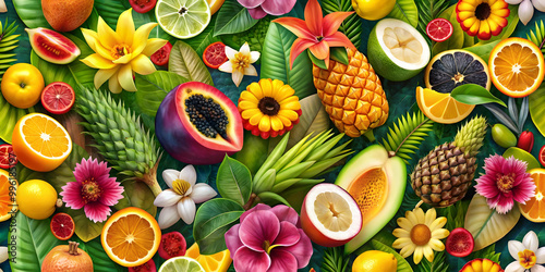 Tropical exotic fruit and flowers seamless background for various product advertising , exotic, tropical