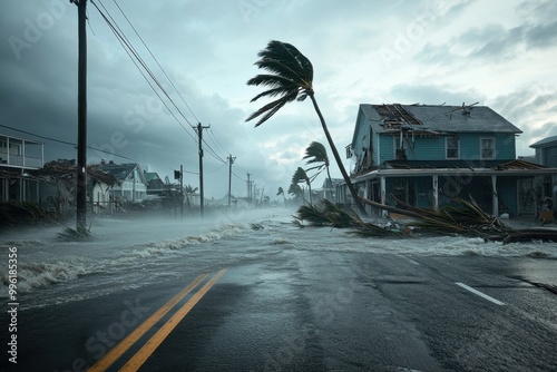 A severe hurricane leaves behind a scene of devastation with a flooded street, downed power lines, and ruined houses, showcasing nature’s unstoppable force and impact.