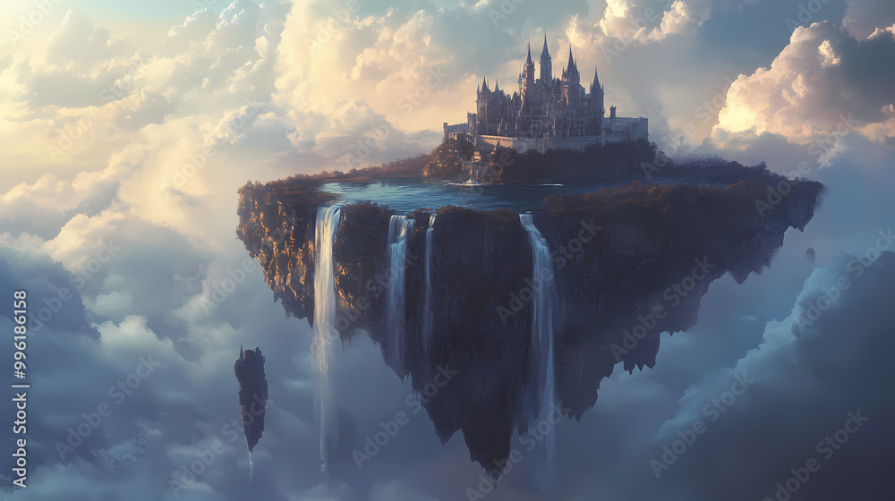Fototapeta premium Generative AI, Mystical Sky Island with a Cliffside Castle