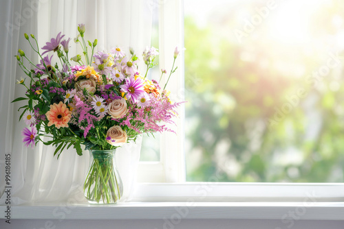 A vase of flowers sits on a windowsill, with the sunlight streaming in