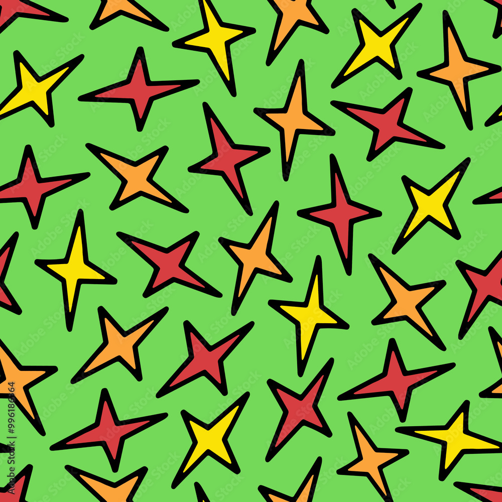 Seamless Pattern with Yellow, Orange and Red Doodle Stars.