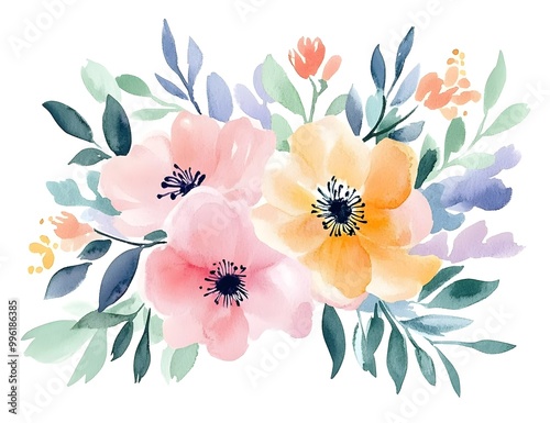 Watercolor flower clipart collection, simple flat design, white background, pastel colors, watercolor 