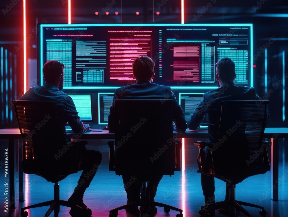 Capital investors discussing high-risk ventures, holographic financial data glowing in midair, vibrant neon lighting, modern office, wide-angle view Capital investors discussing high-risk ventures, holographic financial data glowing in midair, vibrant neon lighting, modern office, wide-angle view