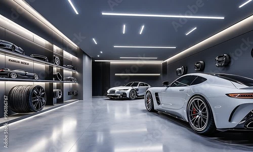 Modern car showroom featuring luxury vehicles and sleek design.