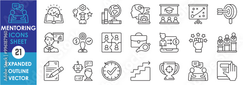 A set of line icons related to Mentoring. Mentor, training, skill, leadership, target, time, communication, plan, education, and so on. Vector outline icons set.