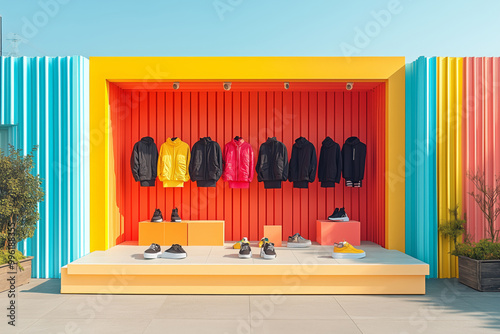 A vibrant pop-up shop showcasing colorful outerwear and footwear in a sunny urban setting during a lively shopping event