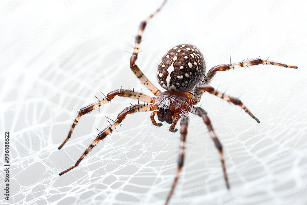 Spider web with a large spider on solid white background, single object Spider web with a large spider on solid white background, single object