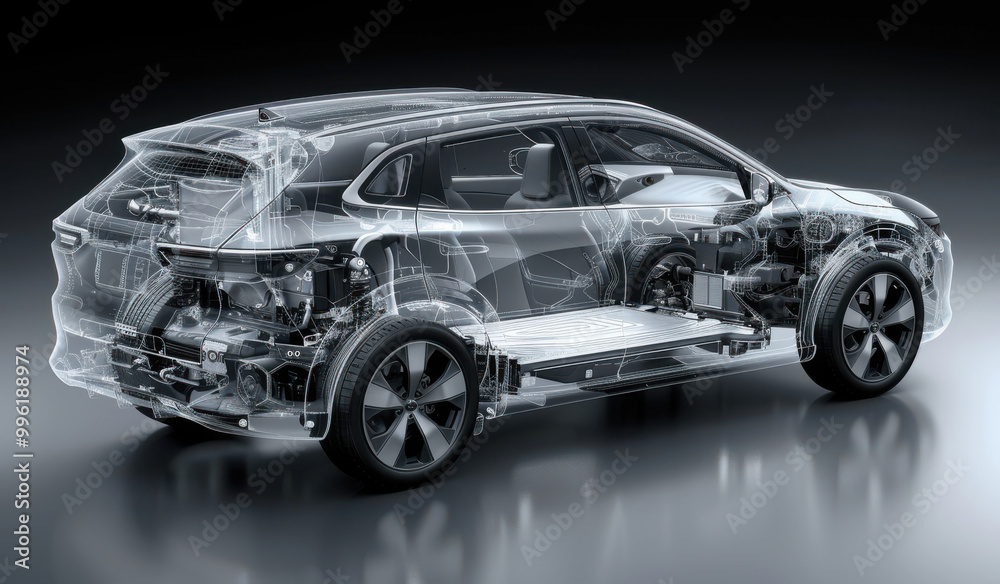 Transparent electric SUV showcasing battery and motor system against isolated background Transparent electric SUV showcasing battery and motor system against isolated background