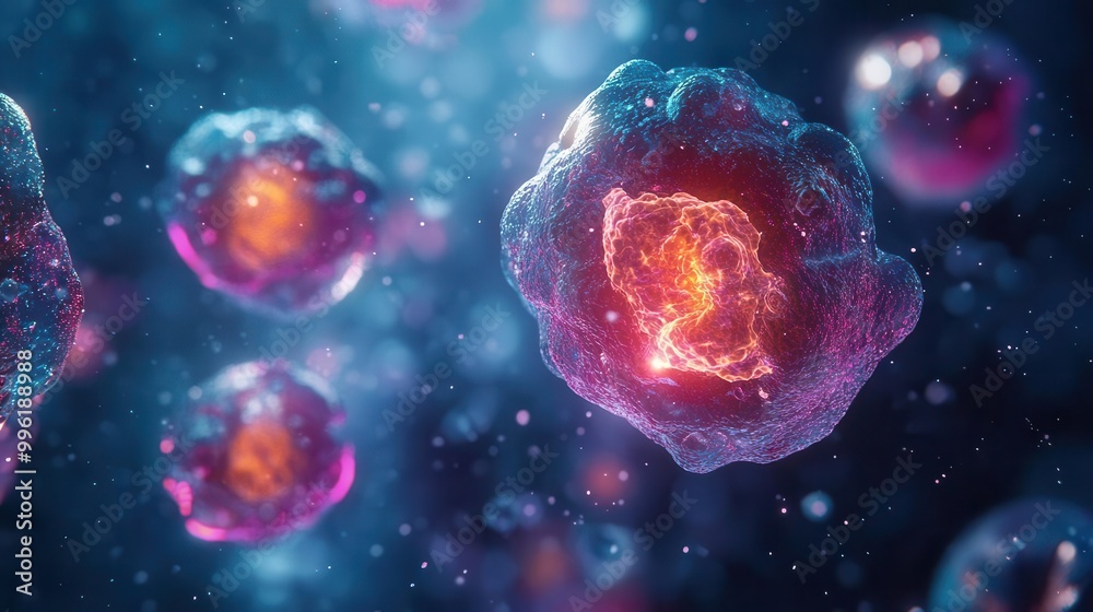 microscopic 3d render of vibrant human stem cells intricate cellular structures with glowing membranes floating in a deep blue background hyperdetailed scientific visualization microscopic 3d render of vibrant human stem cells intricate cellular structures with glowing membranes floating in a deep blue background hyperdetailed scientific visualization