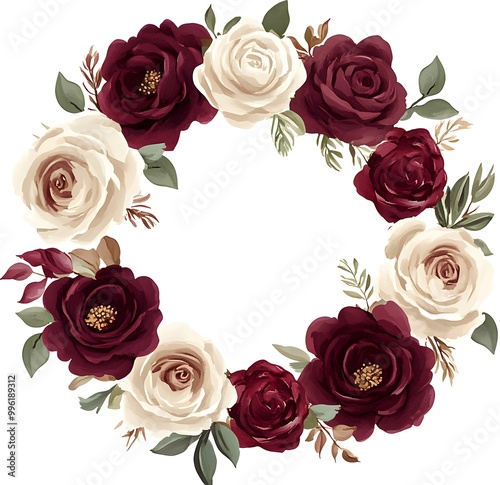 Watercolor floral wreath with roses leaves.. clipart on a white background with defined edges. 