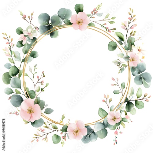 Watercolor floral wreath with pastel green and pink flowers, eucalyptus leaves, and a gold ring on a white background.