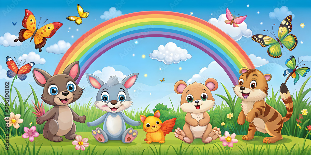 Naklejka premium Cute and funny animals surrounded by butterflies and a rainbow , adorable, happy, cute, animals, butterflies, rainbow
