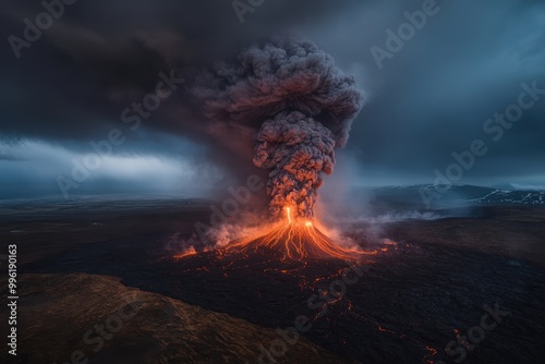 A breathtaking volcanic eruption emitting vast amounts of lava and thick clouds of dark smoke, showcasing the ferocious power and mesmerizing beauty of a volcanic event. photo