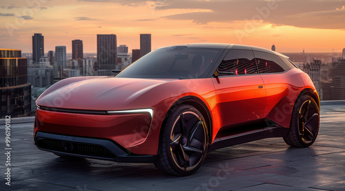 Electric SUV designed with a sleek minimalist look against a vibrant sunset backdrop in an urban setting