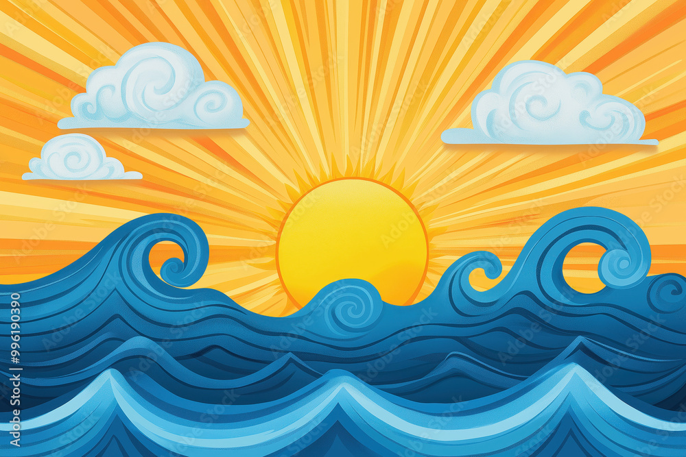 Illustration of sun rising over ocean waves, stylized clouds and bright sunlight