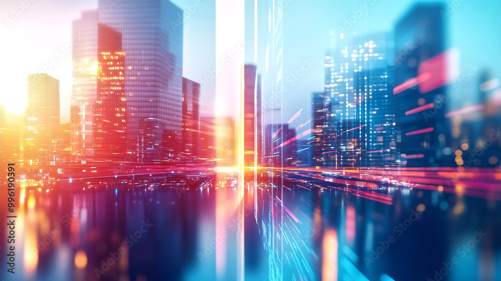 A vibrant city skyline at dusk, featuring illuminated skyscrapers and a reflective river, creating an energetic urban atmosphere. A vibrant city skyline at dusk, featuring illuminated skyscrapers and a reflective river, creating an energetic urban atmosphere.