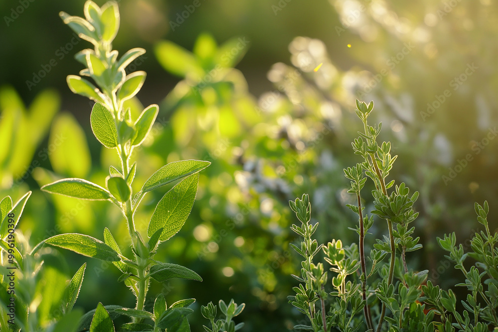 Fototapeta premium A bunch of green plants with some of them being herbs