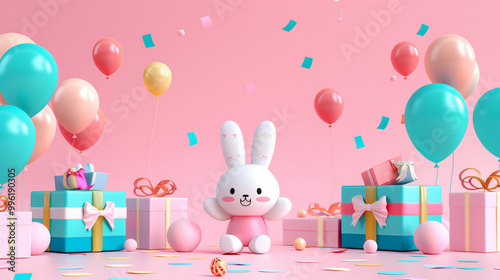 cute white bunny with balloons and gifts on pink background for birthday or valentine's day