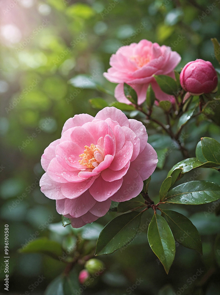 Pink Camellia Japonica with Dew Against Blurred Foliage Pink Camellia Japonica with Dew Against Blurred Foliage