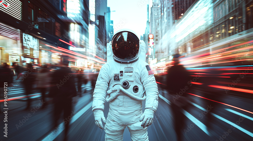 Obraz premium Astronaut in Motion on a Busy City Street at Night