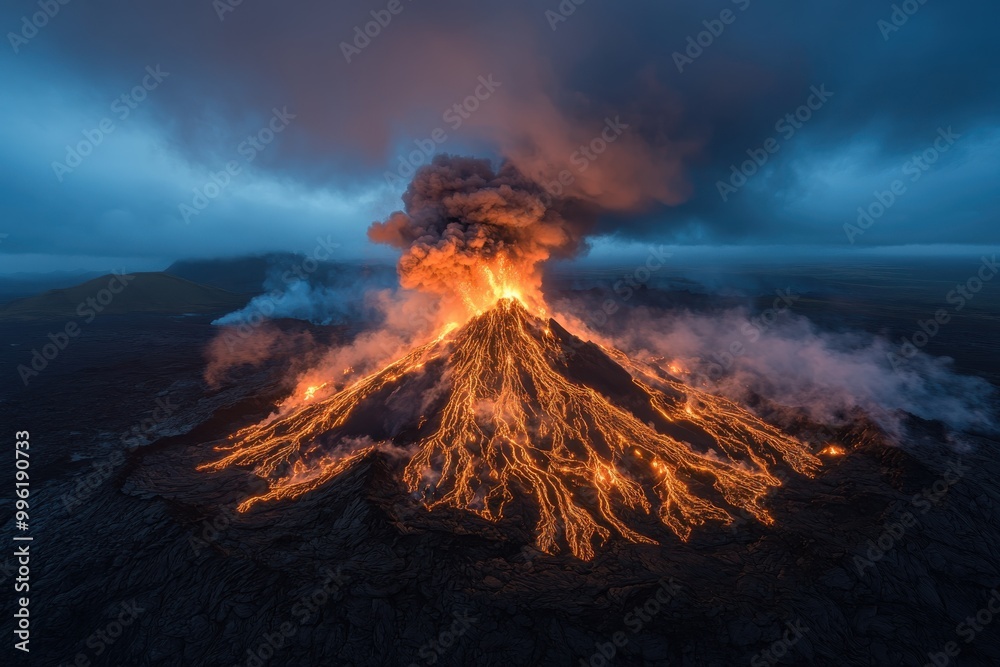 A nighttime capture of a volcanic eruption, featuring glowing rivers of lava flowing down the slopes, with a huge plume of smoke and ash rising into the dark sky. A nighttime capture of a volcanic eruption, featuring glowing rivers of lava flowing down the slopes, with a huge plume of smoke and ash rising into the dark sky.
