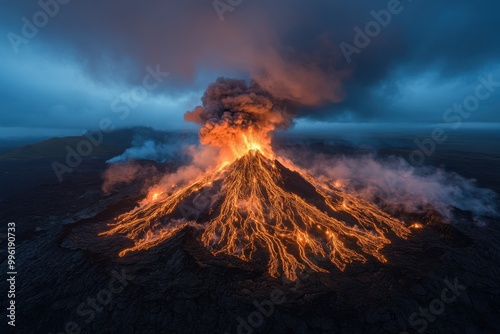 A nighttime capture of a volcanic eruption, featuring glowing rivers of lava flowing down the slopes, with a huge plume of smoke and ash rising into the dark sky.