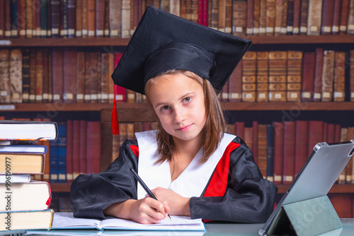 Tablet and student magister in school library for online research, studying and learning. Education, college academy, digital tech for knowledge, internet, website, University and scool.