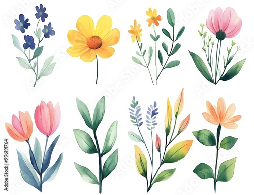 Watercolor flower clipart collection, simple flat design, white background, pastel colors, watercolor 