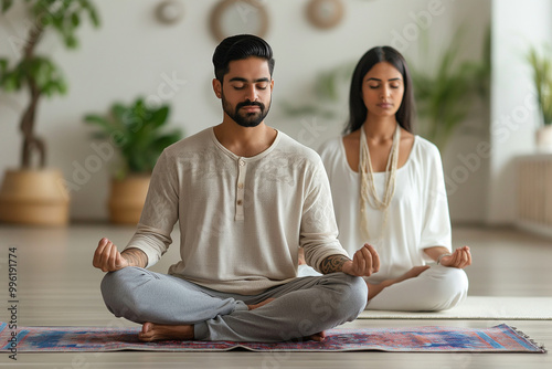 A man and woman are sitting on a rug, both meditating photo