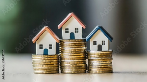 miniature houses atop stacked coins property investment concept financial growth illustration neutral backdrop