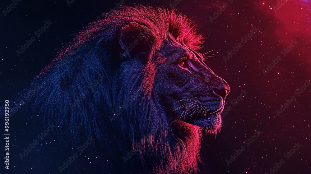 Naklejka premium A cosmic lion's profile in vibrant colors.