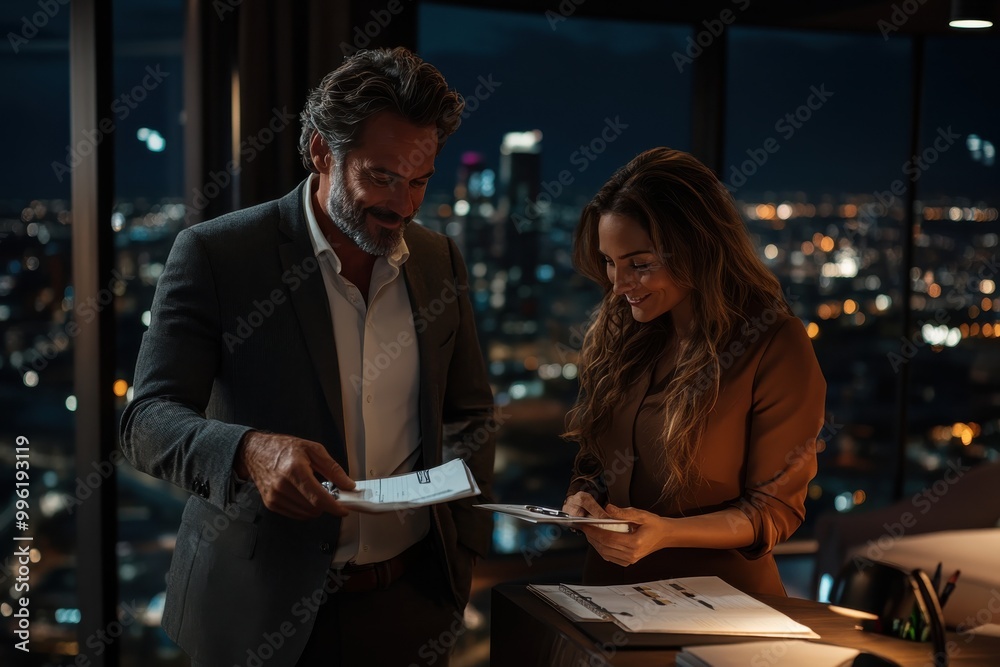 Two professionals are seen in a high-rise office late at night, reviewing documents together with a cityscape visible through the window in the background. Two professionals are seen in a high-rise office late at night, reviewing documents together with a cityscape visible through the window in the background.