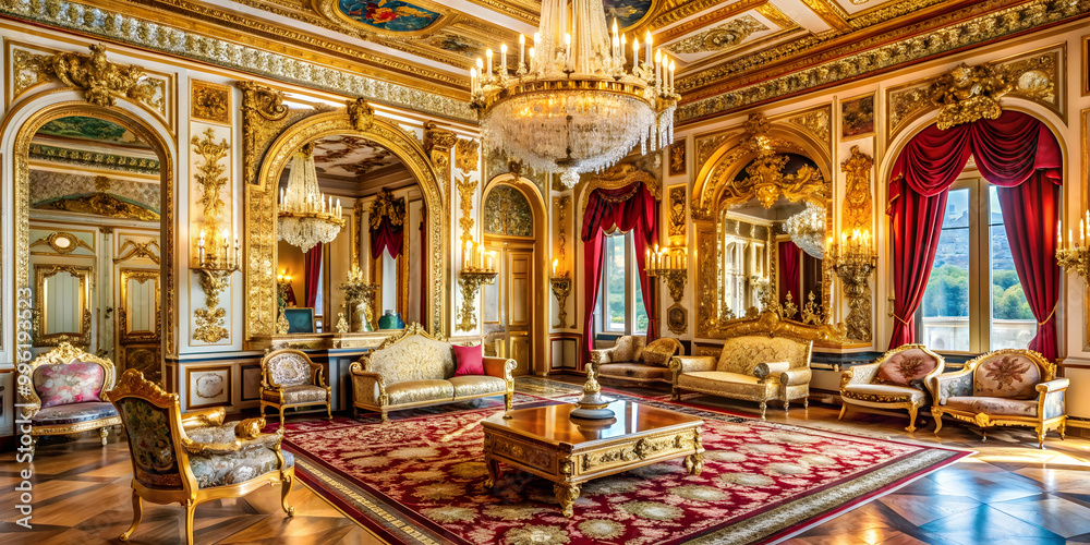Obraz premium Opulent interior of a royal palace with ornate furnishings and regal decor, royal, palace, interior, opulent, luxurious
