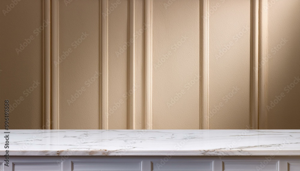 Beige tabletop on classic wall panels background. Empty concrete countertop for cosmetics, drinks and food presentation. Clean marble desk for advertising design. white wooden window with curtains Beige tabletop on classic wall panels background. Empty concrete countertop for cosmetics, drinks and food presentation. Clean marble desk for advertising design. white wooden window with curtains