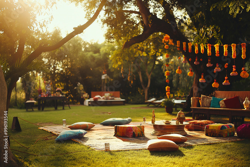 A group of people are sitting on a lawn with colorful pillows and decorations