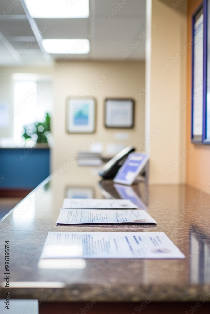 A reception area with documents on a counter, suggesting an office environment. A reception area with documents on a counter, suggesting an office environment.
