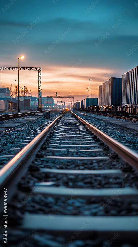 Obraz premium Efficient Rail Freight Loading Operations Captured at Dusk