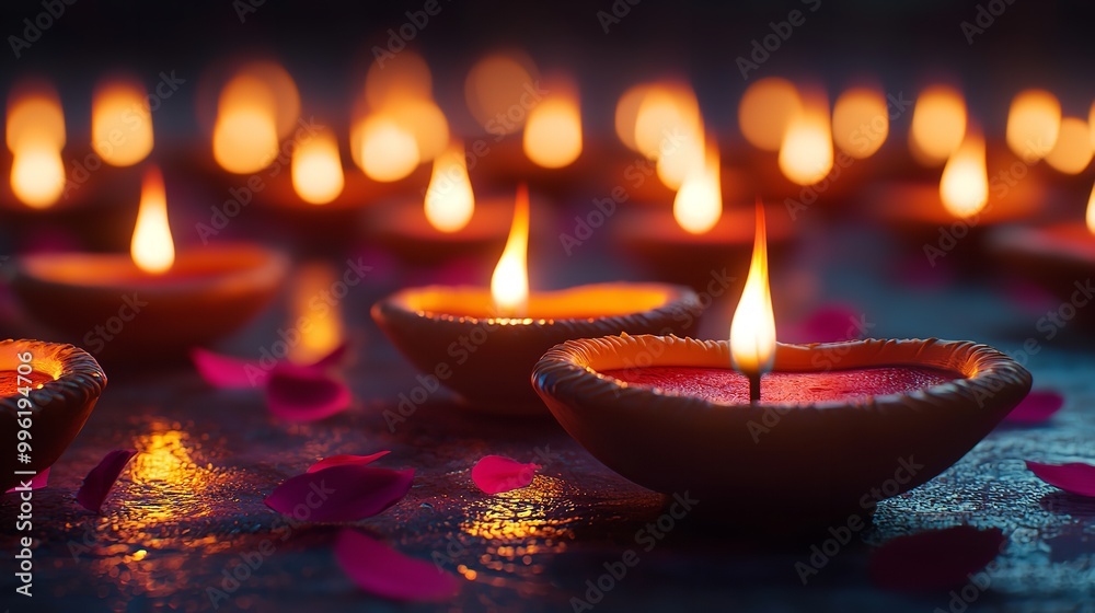 Celebrating Diwali festival, candles in temple with colorful background