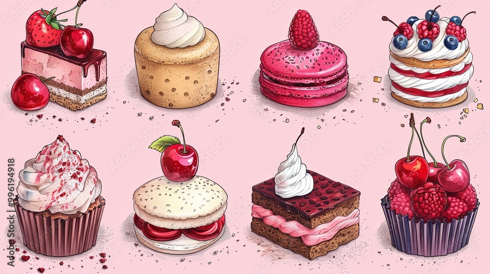 cute dessert set. Stylized cakes, ice cream and cherry isolated on light pink background. Vector fruit and bakery illustration. Dessert illustrated card in hand-drawn style cute dessert set. Stylized cakes, ice cream and cherry isolated on light pink background. Vector fruit and bakery illustration. Dessert illustrated card in hand-drawn style