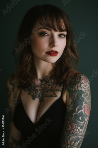 portrait of woman showcasing vintage old-school tattoos on her arms. The lighting is dramatic, with bright studio lights casting