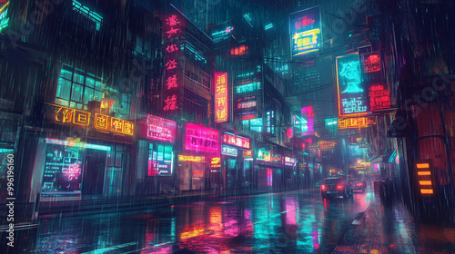 Nighttime cityscape withrainy evening and neon lights in vibrant colors illuminate the scene