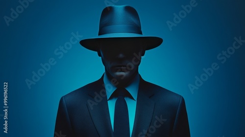 A man in a suit and hat is standing in front of a blue background