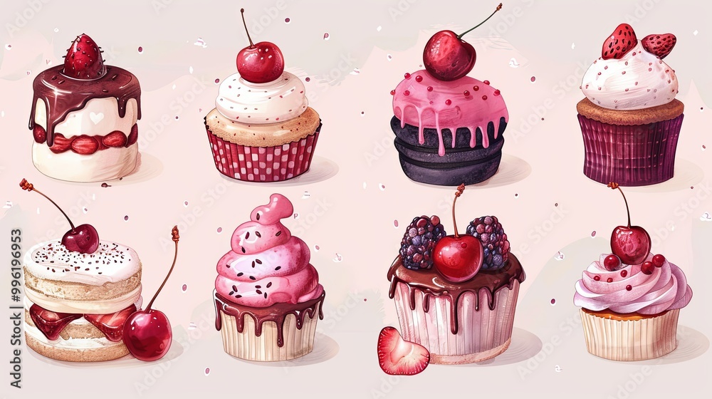 cute dessert set. Stylized cakes, ice cream and cherry isolated on light pink background. Vector fruit and bakery illustration. Dessert illustrated card in hand-drawn style cute dessert set. Stylized cakes, ice cream and cherry isolated on light pink background. Vector fruit and bakery illustration. Dessert illustrated card in hand-drawn style