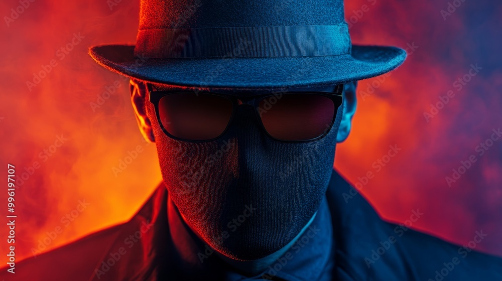 A man in a black hat and sunglasses is standing in front of a red background A man in a black hat and sunglasses is standing in front of a red background