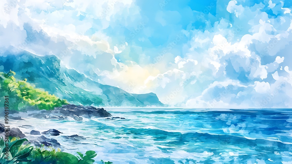 Watercolor Painting of a Coastal Landscape with Green Hills and Blue Ocean. Watercolor Painting of a Coastal Landscape with Green Hills and Blue Ocean.